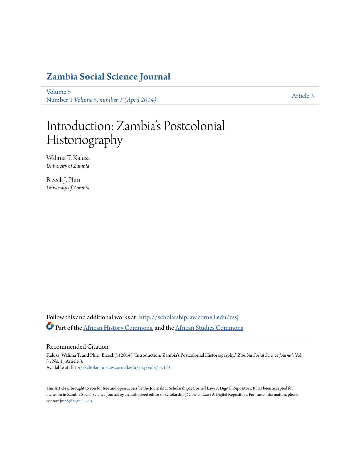 Introduction: Zambia’s Postcolonial Historiography cover