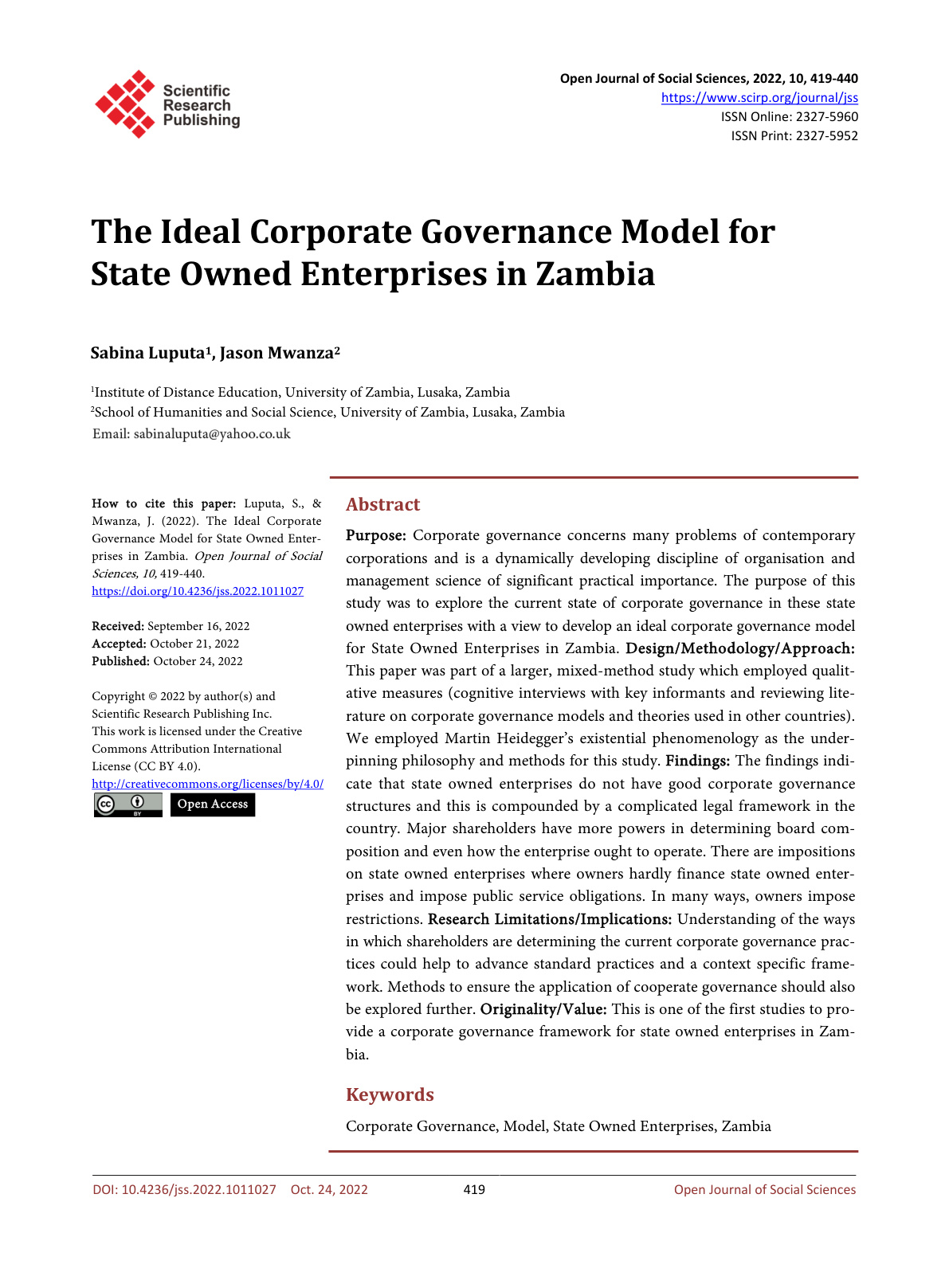 The Ideal Corporate Governance Model for State Owned Enterprises in Zambia cover