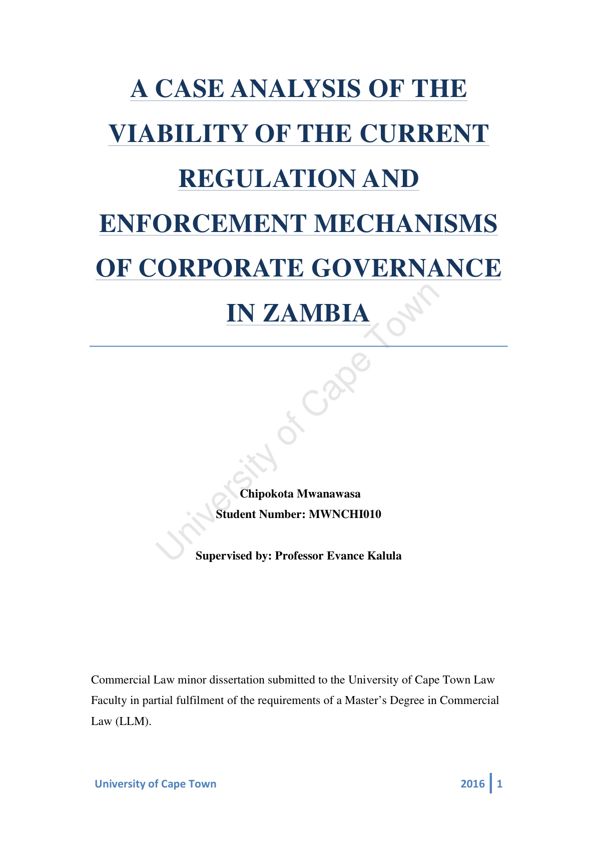 A Case Analysis of the Viability of the Current Regulation and Enforcement Mechanisms of Corporate Governance in Zambia cover